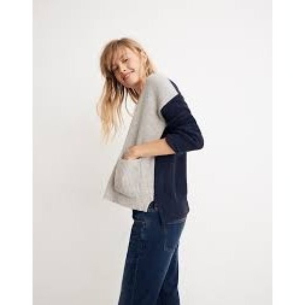 NWT Madewell Patch Pocket Colorblock Pullover Sweater Navy Blue/Gray Size S